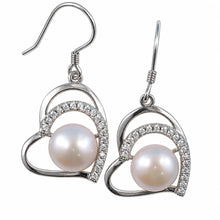 Load image into Gallery viewer, Sterling Silver Pink Pearl CZ Heart Hook Earrings