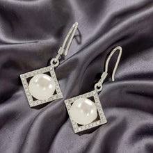Load image into Gallery viewer, Sterling Silver White Pearl CZ Rhombus Hook Earrings