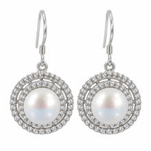 Load image into Gallery viewer, Sterling Silver White Pearl CZ Double Circle Hook Earrings