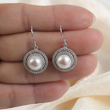 Load image into Gallery viewer, Sterling Silver White Pearl CZ Double Circle Hook Earrings