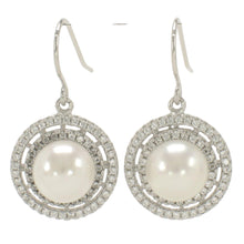 Load image into Gallery viewer, Sterling Silver White Pearl CZ Double Circle Hook Earrings