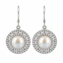 Load image into Gallery viewer, Sterling Silver Peach Pearl CZ Double Circle Hook Earrings