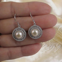 Load image into Gallery viewer, Sterling Silver Peach Pearl CZ Double Circle Hook Earrings