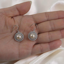 Load image into Gallery viewer, Sterling Silver Peach Pearl CZ Double Circle Hook Earrings