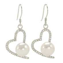 Load image into Gallery viewer, Sterling Silver White Pearl CZ Heart Hook Earrings