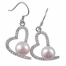 Load image into Gallery viewer, Sterling Silver Lavender Pearl CZ Heart Hook Earrings