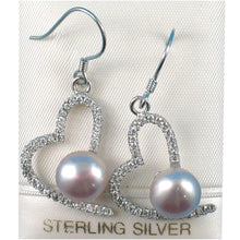 Load image into Gallery viewer, Sterling Silver Lavender Pearl CZ Heart Hook Earrings