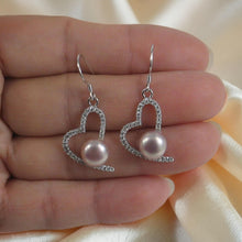 Load image into Gallery viewer, Sterling Silver Lavender Pearl CZ Heart Hook Earrings