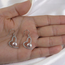 Load image into Gallery viewer, Sterling Silver Lavender Pearl CZ Heart Hook Earrings