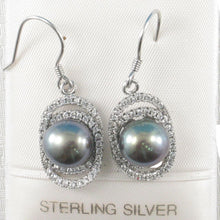 Load image into Gallery viewer, Sterling Silver Black Pearl 54 CZ Hook Earrings