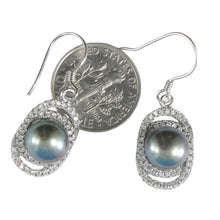 Load image into Gallery viewer, Sterling Silver Black Pearl 54 CZ Hook Earrings