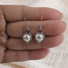 Load image into Gallery viewer, Sterling Silver White Pearl CZ Hook Earrings (40 CZ)