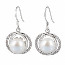 Load image into Gallery viewer, Sterling Silver White Pearl CZ Hook Earrings (58 CZ, Wide Design)