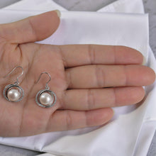 Load image into Gallery viewer, Sterling Silver White Pearl CZ Hook Earrings (58 CZ, Wide Design)