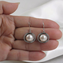 Load image into Gallery viewer, Sterling Silver White Pearl CZ Hook Earrings (58 CZ, Wide Design)