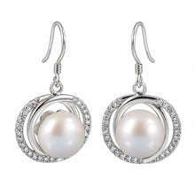 Load image into Gallery viewer, Sterling Silver Pink Pearl CZ Hook Earrings (58 CZ, Wide Design)