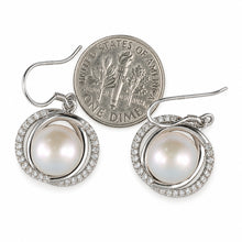 Load image into Gallery viewer, Sterling Silver Pink Pearl CZ Hook Earrings (58 CZ, Wide Design)