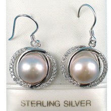 Load image into Gallery viewer, Sterling Silver Pink Pearl CZ Hook Earrings (58 CZ, Wide Design)
