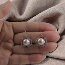 Load image into Gallery viewer, Sterling Silver Pink Pearl CZ Hook Earrings (58 CZ, Wide Design)