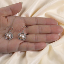 Load image into Gallery viewer, Sterling Silver Pink Pearl CZ Hook Earrings (58 CZ, Wide Design)
