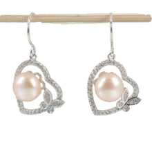 Load image into Gallery viewer, Sterling Silver Pink Pearl CZ Butterfly Heart Earrings