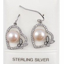 Load image into Gallery viewer, Sterling Silver Pink Pearl CZ Butterfly Heart Earrings