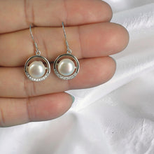 Load image into Gallery viewer, Sterling Silver White Pearl 22 CZ Hook Earrings