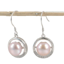 Load image into Gallery viewer, Sterling Silver Pink Pearl CZ Hook Earrings (22 CZ)
