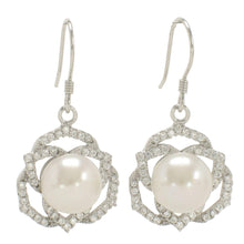 Load image into Gallery viewer, Sterling Silver AAA White Pearl CZ Hook Earrings (72 CZ)