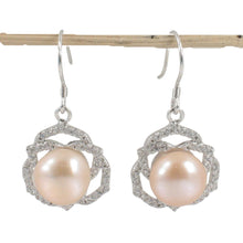 Load image into Gallery viewer, Sterling Silver Pink Pearl CZ Hook Earrings (72 CZ)