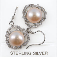 Load image into Gallery viewer, Sterling Silver Pink Pearl CZ Hook Earrings (72 CZ)