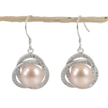Load image into Gallery viewer, Sterling Silver Pink Pearl CZ Hook Earrings (102 CZ)