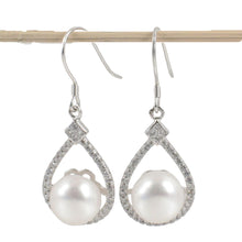 Load image into Gallery viewer, Sterling Silver White Pearl CZ Hook Earrings (72 CZ, Large Pearl)