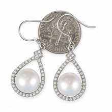 Load image into Gallery viewer, Sterling Silver White Pearl CZ Hook Earrings (72 CZ, Large Pearl)