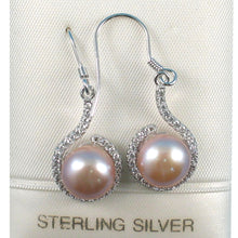 Load image into Gallery viewer, Sterling Silver Pink Pearl 58 CZ Hook Earrings