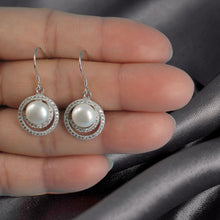 Load image into Gallery viewer, Sterling Silver White Pearl 48 CZ Hook Earrings