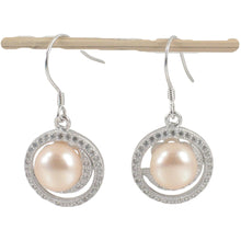 Load image into Gallery viewer, Sterling Silver Pink Pearl 48 CZ Hook Earrings