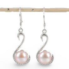 Load image into Gallery viewer, Sterling Silver Pink Pearl Swan Design 34 CZ Earrings