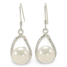 Load image into Gallery viewer, Sterling Silver White Pearl 88 CZ Hook Earrings