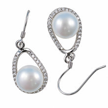 Load image into Gallery viewer, Sterling Silver White Pearl 88 CZ Hook Earrings