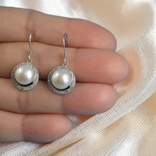 Load image into Gallery viewer, Sterling Silver White Pearl 48 CZ Hook Earrings