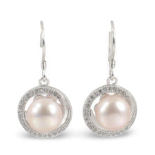 Load image into Gallery viewer, Sterling Silver Pink Pearl 48 CZ Hook Earrings