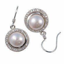 Load image into Gallery viewer, Sterling Silver Pink Pearl 48 CZ Hook Earrings