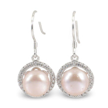 Load image into Gallery viewer, Sterling Silver Pink Pearl 52 CZ Hook Earrings