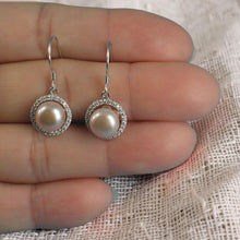 Load image into Gallery viewer, Sterling Silver Pink Pearl 52 CZ Hook Earrings