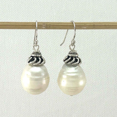 Sterling Silver White Baroque Pearl Hook Earrings (Large Size)