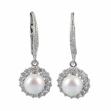 Load image into Gallery viewer, Sterling Silver White Pearl 42 CZ Leverback Earrings