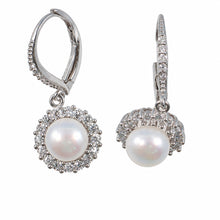 Load image into Gallery viewer, Sterling Silver White Pearl 42 CZ Leverback Earrings
