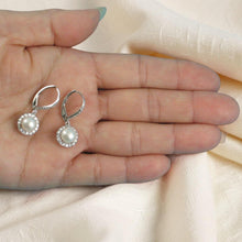 Load image into Gallery viewer, Sterling Silver White Pearl 42 CZ Leverback Earrings