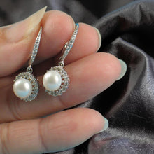 Load image into Gallery viewer, Sterling Silver White Pearl 42 CZ Leverback Earrings